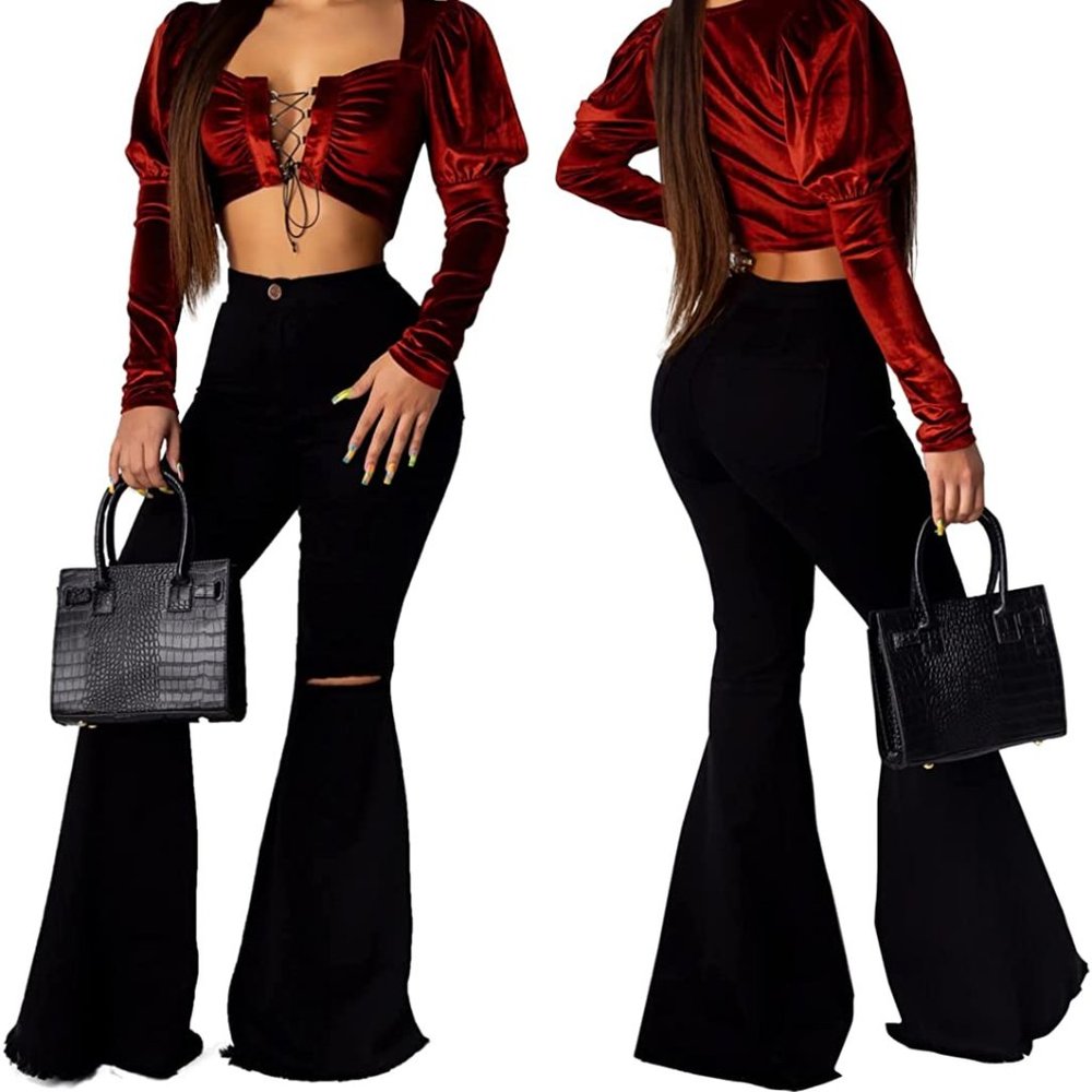 Skinny Ripped Bell Bottom Jeans for Women Classic High Waisted Flared Jean Pants